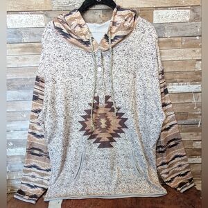 Boho Southwestern Hooded Long Sleeve Top With Front Pocket